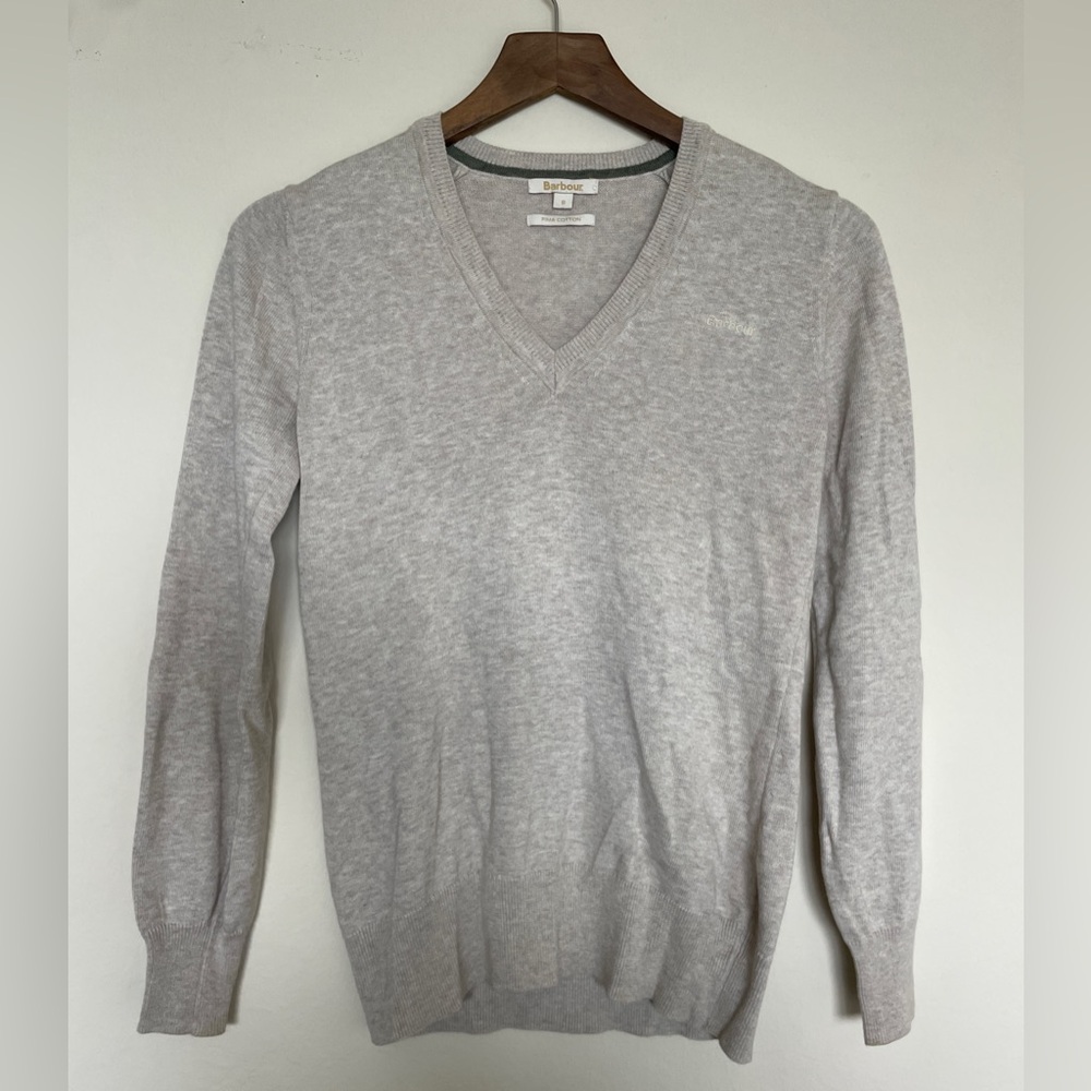 BARBOR 🇬🇧 Pima Cotton V-Neck Cardigan Sweater in a Light Oatmeal Color, Size 8